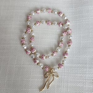 Beaded Charm Bracelet Set Pink White Gold Glass Bow Dangle Stackable Women